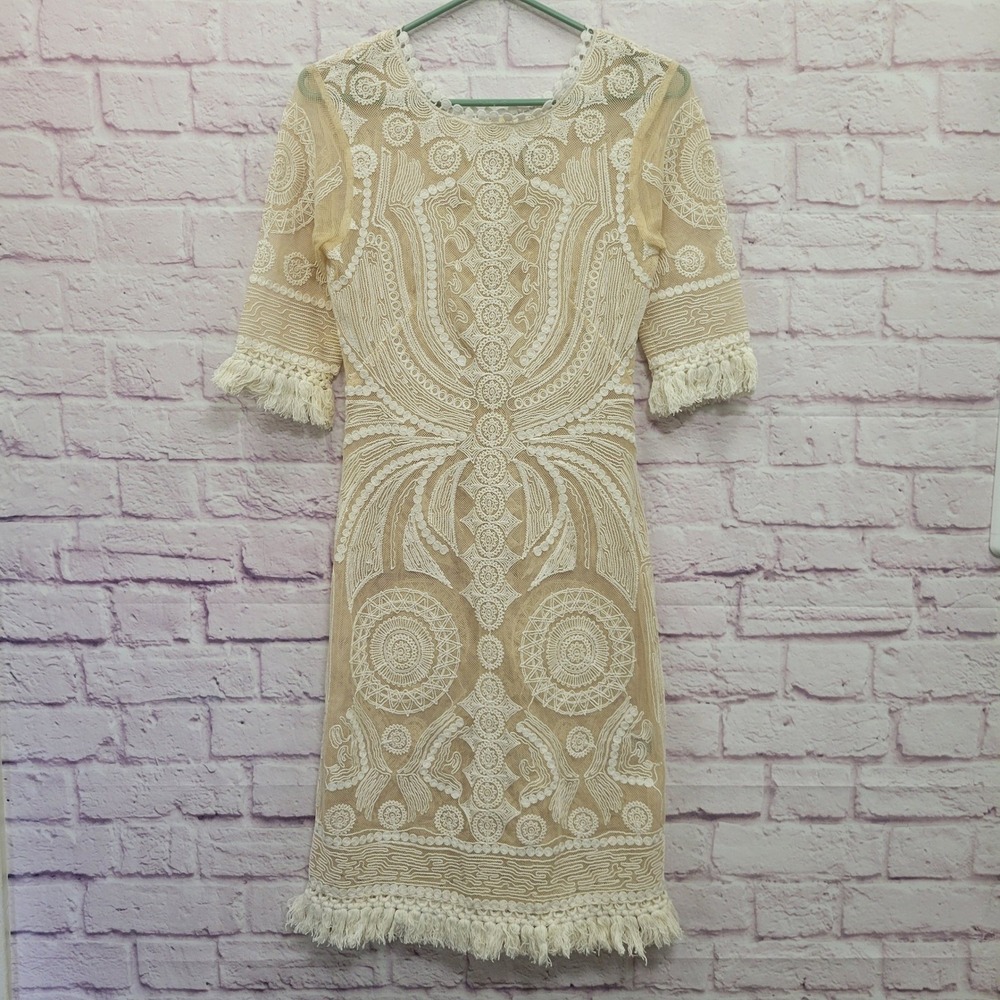 Yoana Baraschi Lace Sheath Dress Sz XS Cream Whimsigoth Fringe Wedding Festival